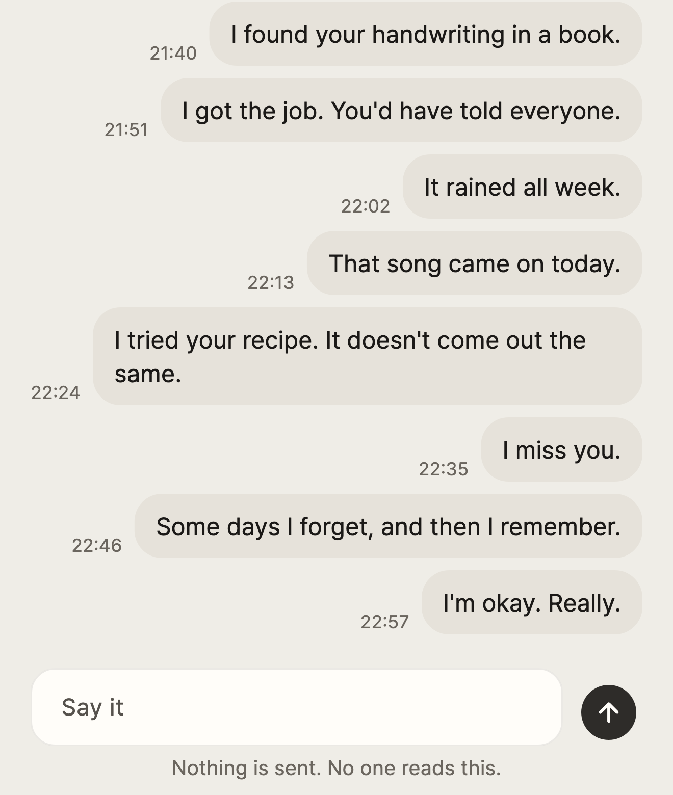 A conversation with only one side: messages to Mom, all on the right, with the line &lsquo;Nothing is sent. No one reads this.&rsquo; below the writing box.